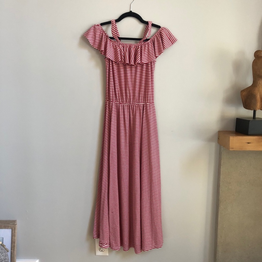 Anne Klein Red Striped Off Shoulder Maxi Dress